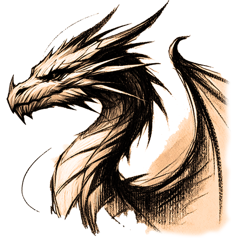 Freigestelltes Sepia-Bild eines Drachen im Profil mit kraftvoller Ausstrahlung