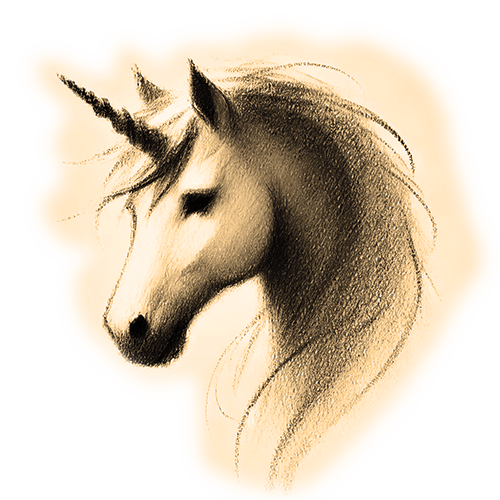 Freigestelltes Sepia-Bild eines Einhorns im Profil mit majestätischer und magischer Ausstrahlung