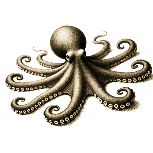Freigestelltes Sepia-Bild eines Oktopus im Profil mit fließender und flexibler Haltung