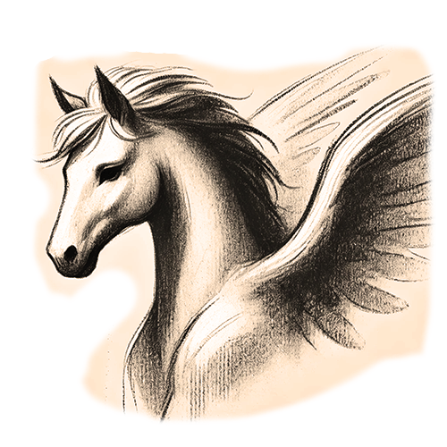 Freigestelltes Sepia-Bild eines Pegasus im Profil mit majestätischer und erhebender Haltung