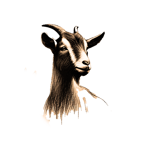 Freigestelltes Sepia-Bild einer Ziege im Profil mit entschlossener und kraftvoller Haltung