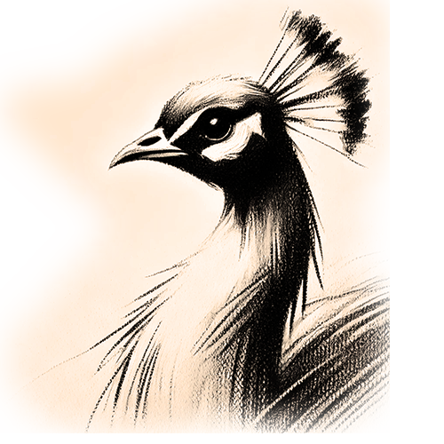 Freigestelltes Sepia-Bild eines Pfaus im Profil mit stolzer und strahlender Haltung